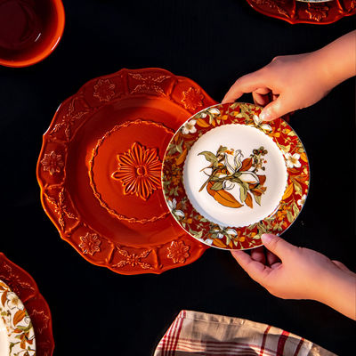 Orange Porcelain Floral Dinner Plates Set in Retro Turkish Style with Vintage Ceramic