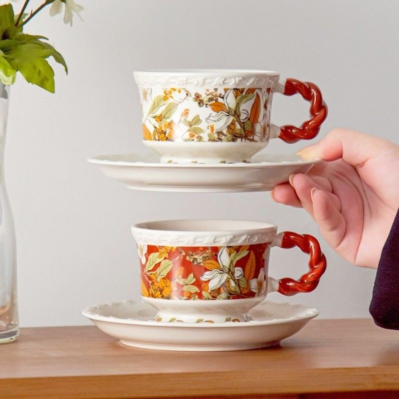 Business Gifts Ceramic Floral Cup Set Gift Box Porcelain Irregular Mug And Saucer White